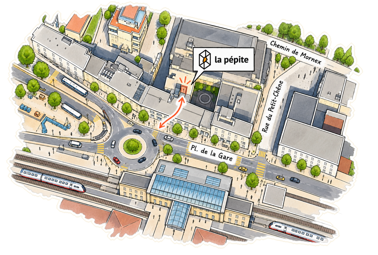 Plan du quartier : La Pépite se trouve en face de la gare de Lausanne, place de la Gare 10